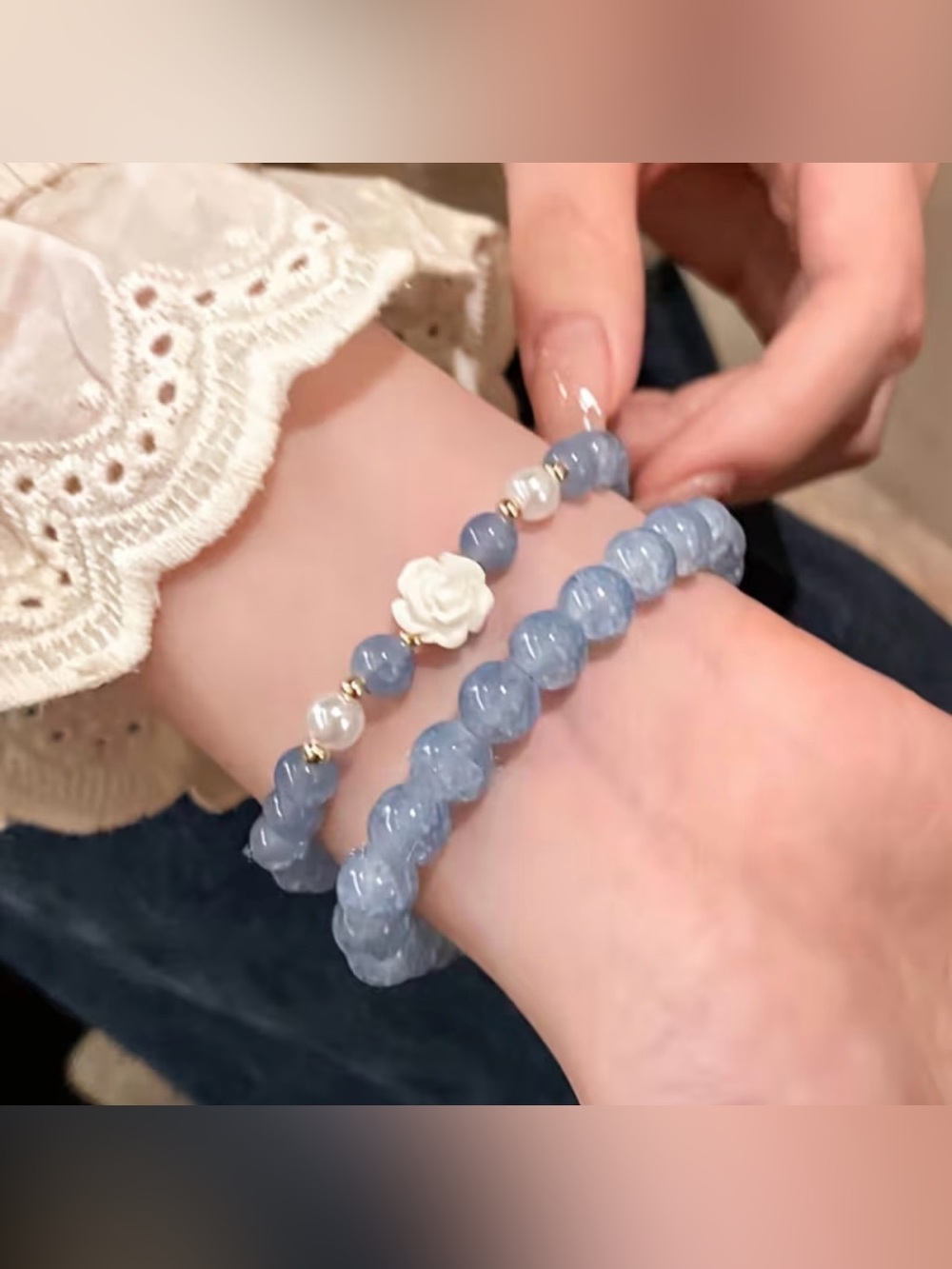 Delicate Light Blue Beaded Bracelet Duo with White Rose Accent